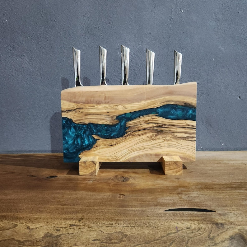 Olive Wood Magnetic Knife Stand with Resin Epoxy