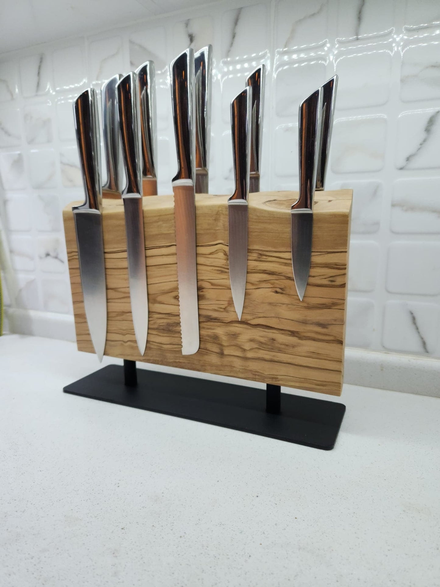 Olive Wood Magnetic Knife Holder with Metal Stand