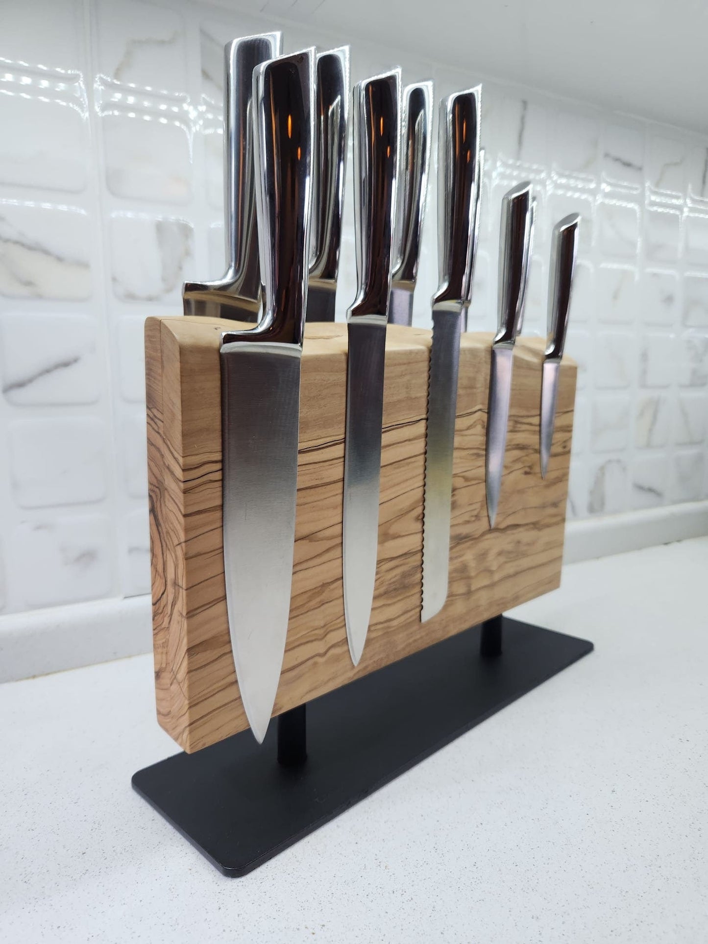 Olive Wood Magnetic Knife Holder with Metal Stand