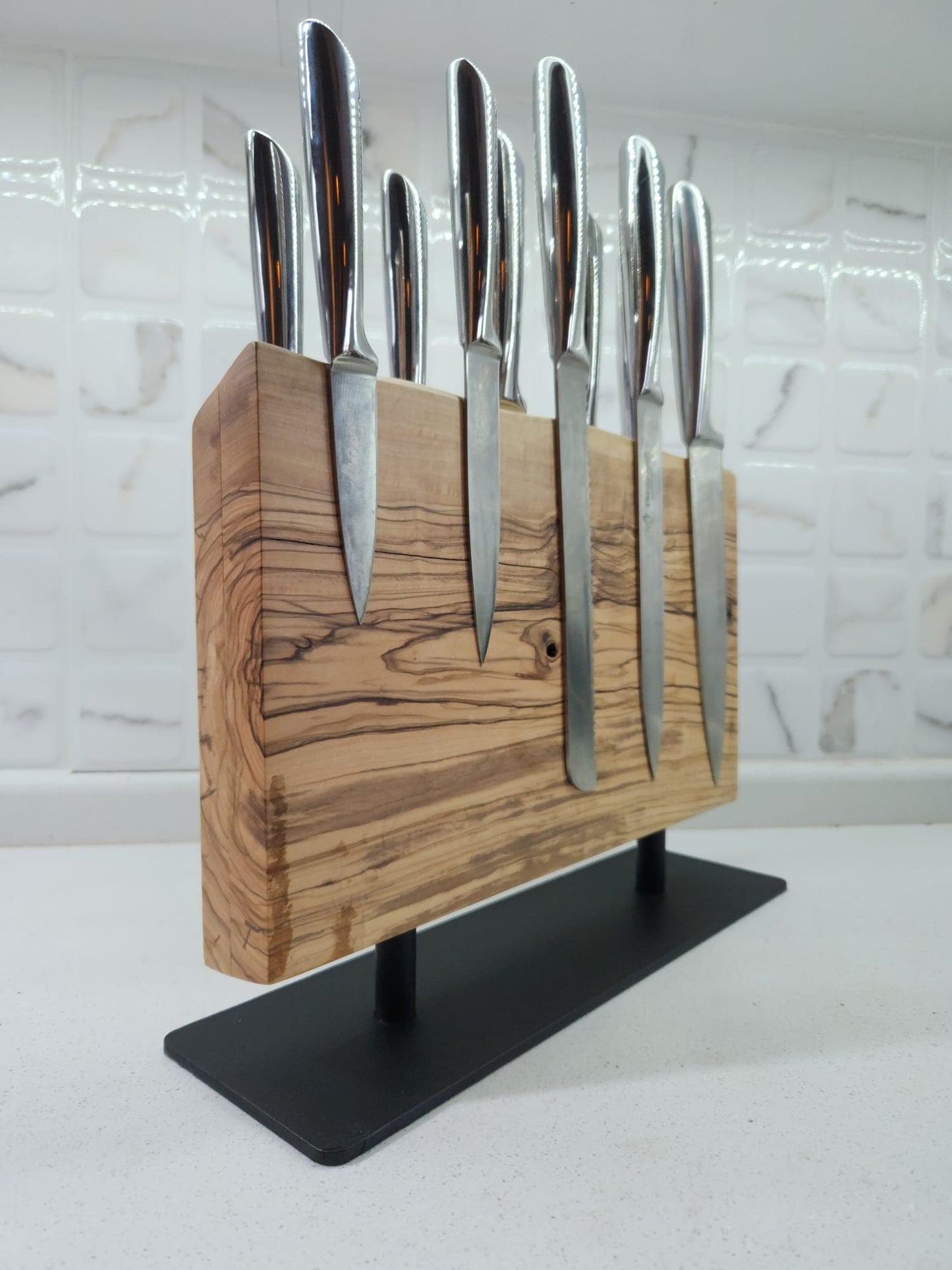 Olive Wood Magnetic Knife Holder with Metal Stand