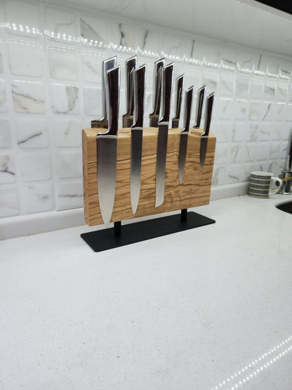 Olive Wood Magnetic Knife Holder with Metal Stand