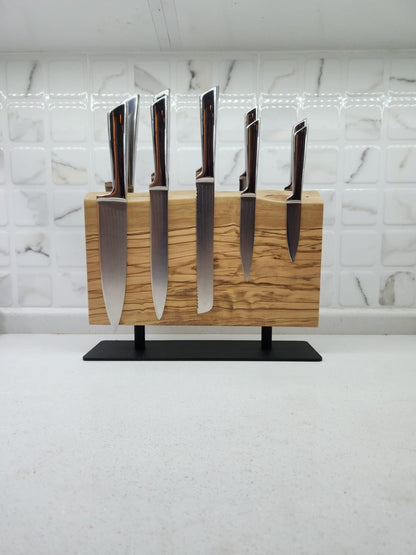 Olive Wood Magnetic Knife Holder with Metal Stand