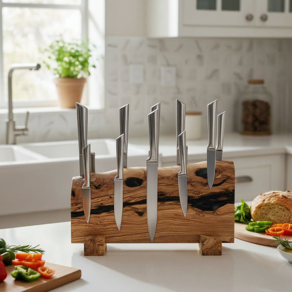 Handcrafted Olive Wood Magnetic Knife Stand with Epoxy Resin