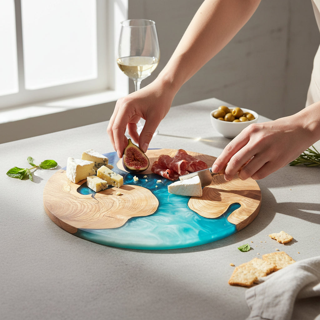 Azure Drift – Handmade Olive Wood & Epoxy Resin Round Serving Board