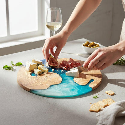Azure Drift – Handmade Olive Wood & Epoxy Resin Round Serving Board