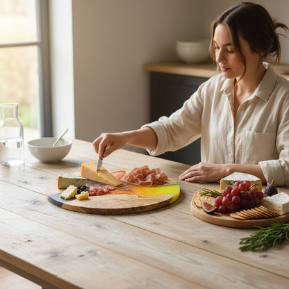 Volcanic Sun – Handmade Olive Wood & Epoxy Resin Round Serving Board