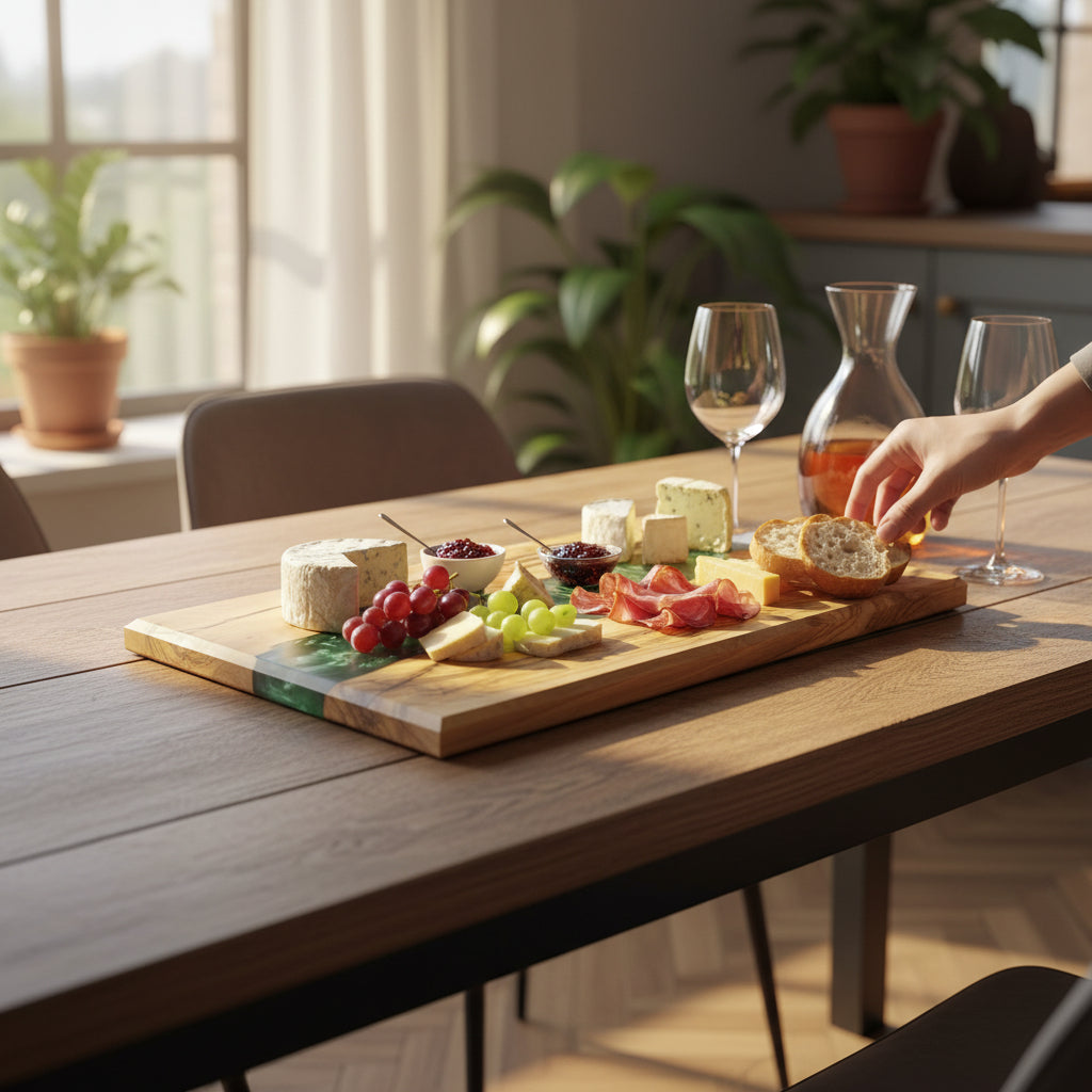 Emerald Vein – Handcrafted Olive Wood and Epoxy Resin Charcuterie Board