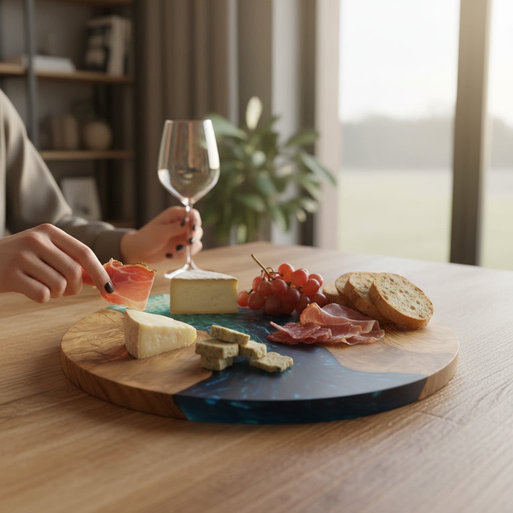 Azure Shore – Handmade Olive Wood & Epoxy Resin Round Serving Board
