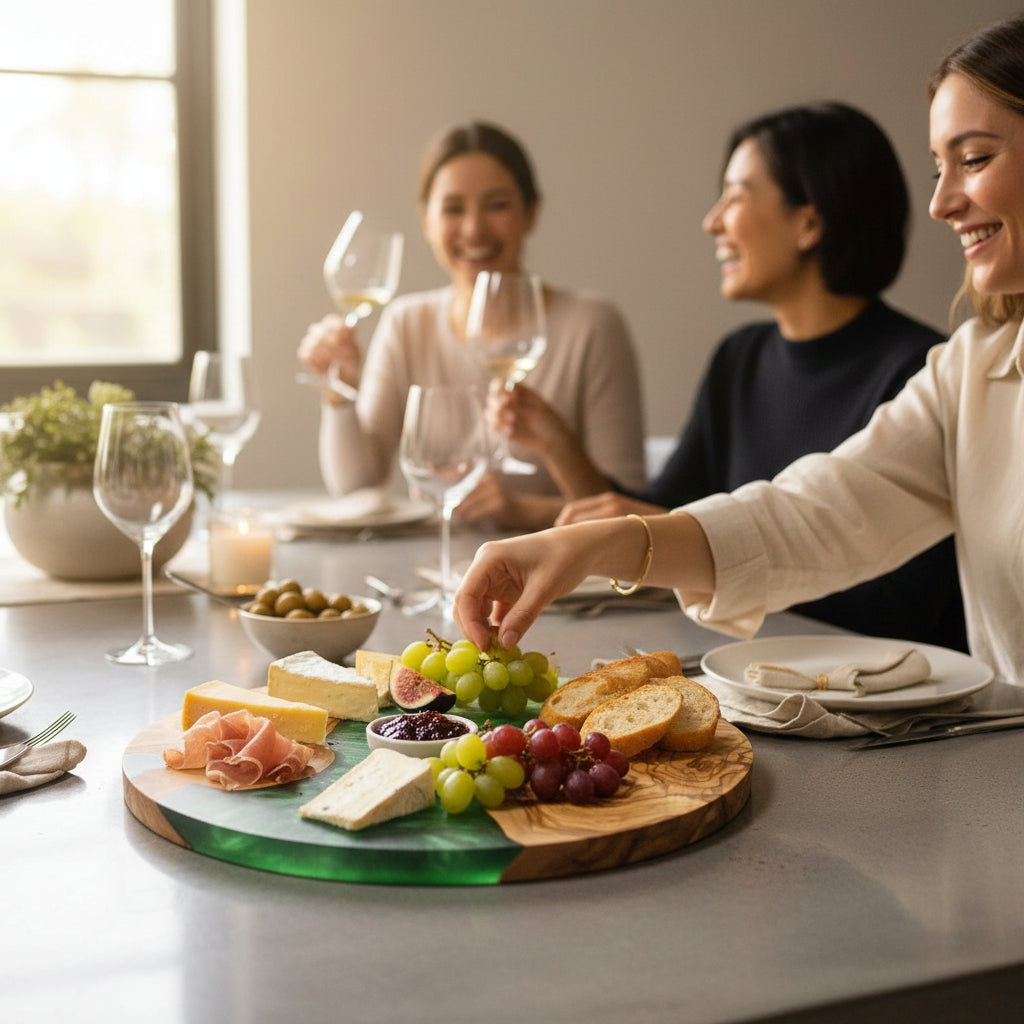 Emerald Veil – Handmade Olive Wood & Epoxy Resin Round Serving Board