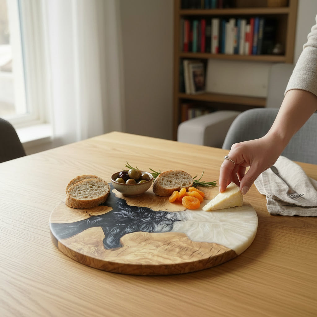 Obsidian Pearl – Handmade Olive Wood & Epoxy Resin Round Serving Board