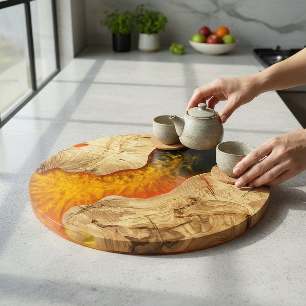 Golden Inferno – Handmade Olive Wood & Epoxy Resin Round Serving Board