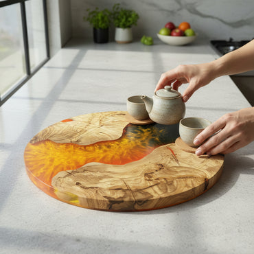 Golden Inferno – Handmade Olive Wood & Epoxy Resin Round Serving Board