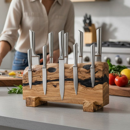 Handcrafted Olive Wood Magnetic Knife Stand with Epoxy Resin