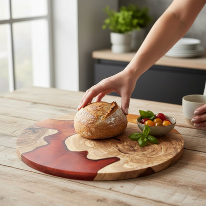 Ember Flow – Handmade Olive Wood & Epoxy Resin Round Serving Board
