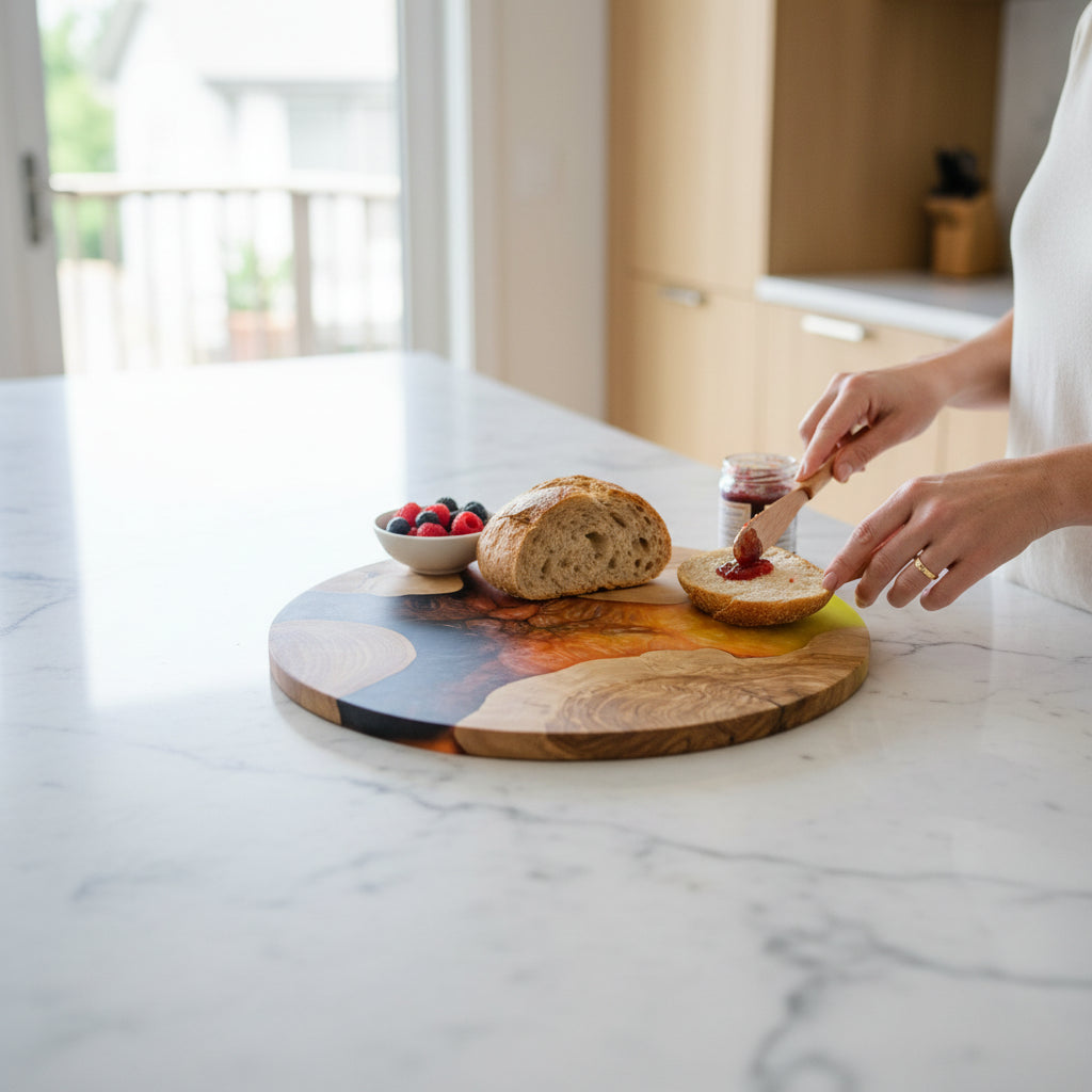Volcanic Sun – Handmade Olive Wood & Epoxy Resin Round Serving Board