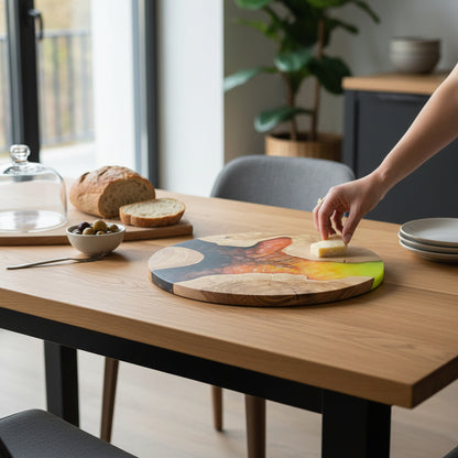Volcanic Sun – Handmade Olive Wood & Epoxy Resin Round Serving Board