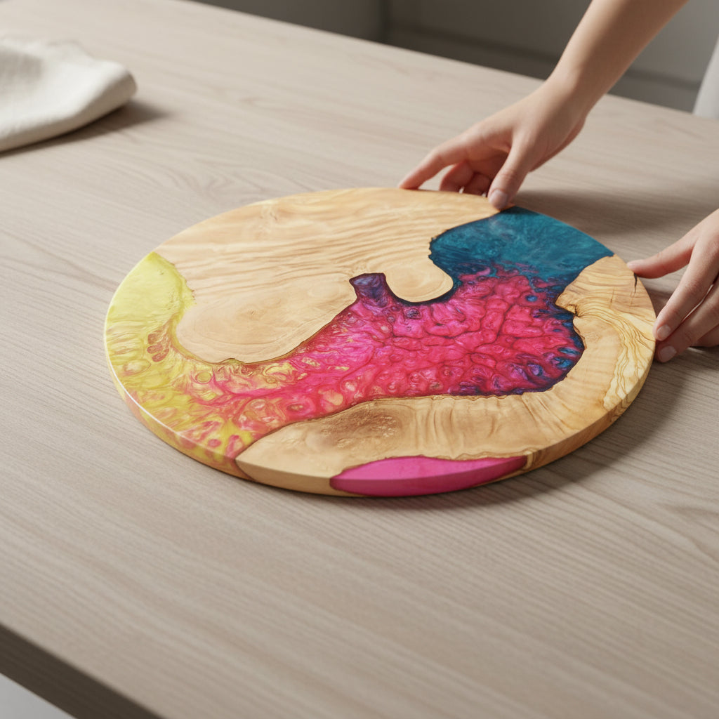 Sunset Coral – Handmade Olive Wood & Epoxy Resin Round Serving Board