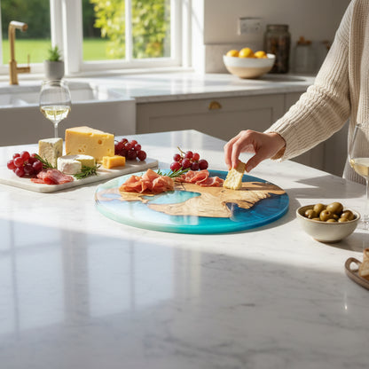 Coastal Halo – Handmade Olive Wood & Epoxy Resin Round Serving Board