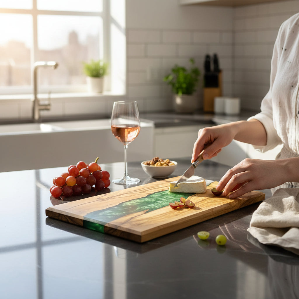 Emerald Vein – Handcrafted Olive Wood and Epoxy Resin Charcuterie Board