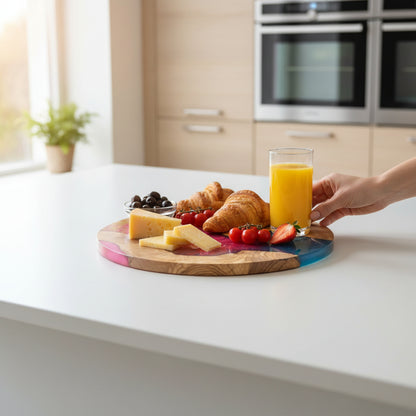 Sunset Coral – Handmade Olive Wood & Epoxy Resin Round Serving Board