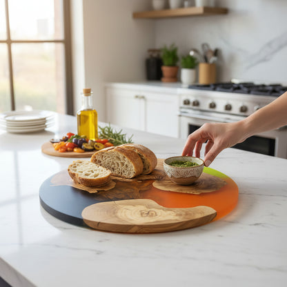 Neon Ember – Handmade Olive Wood & Epoxy Resin Round Serving Board