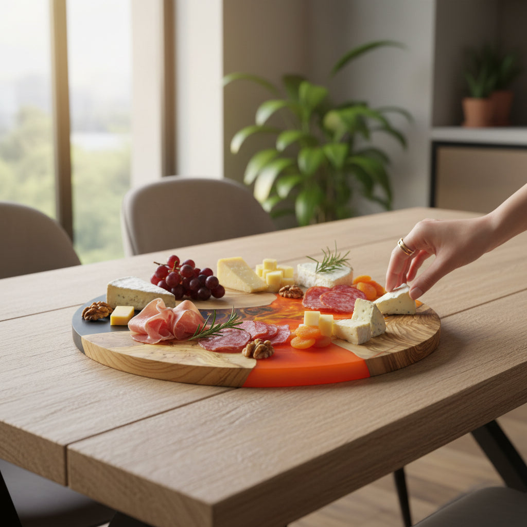 Amber Current – Handmade Olive Wood & Epoxy Resin Round Serving Board