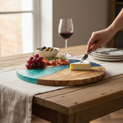 Ocean Passage – Handmade Olive Wood & Epoxy Resin Round Serving Board