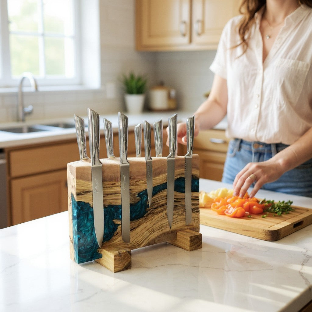 Olive Wood Magnetic Knife Stand with Resin Epoxy