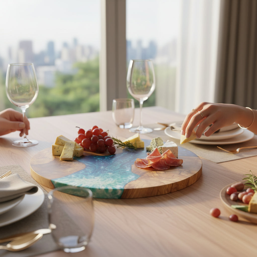Azure Shore – Handmade Olive Wood & Epoxy Resin Round Serving Board