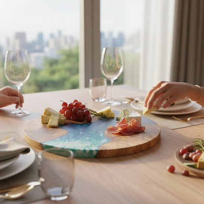 Azure Shore – Handmade Olive Wood & Epoxy Resin Round Serving Board