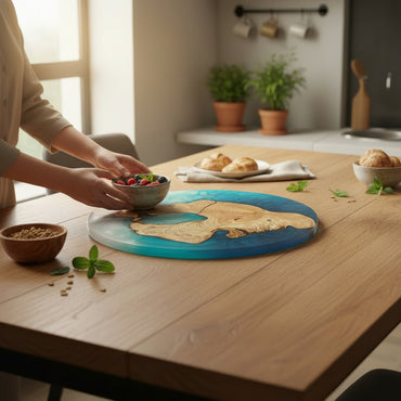 Coastal Halo – Handmade Olive Wood & Epoxy Resin Round Serving Board