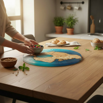 Coastal Halo – Handmade Olive Wood & Epoxy Resin Round Serving Board