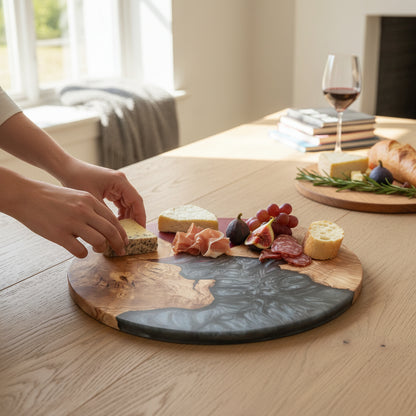 Crimson Obsidian – Handmade Olive Wood & Epoxy Resin Round Serving Board