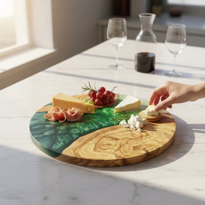 Emerald Veil – Handmade Olive Wood & Epoxy Resin Round Serving Board