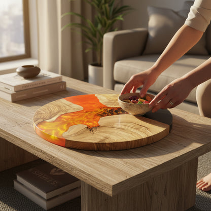 Amber Current – Handmade Olive Wood & Epoxy Resin Round Serving Board