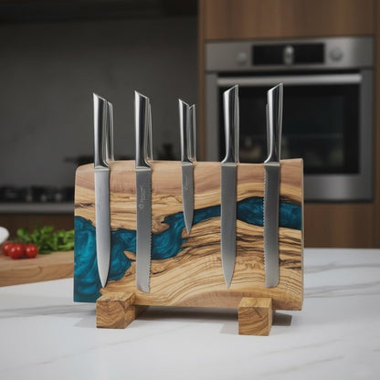 Olive Wood Magnetic Knife Stand with Resin Epoxy