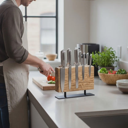 Olive Wood Magnetic Knife Holder with Metal Stand