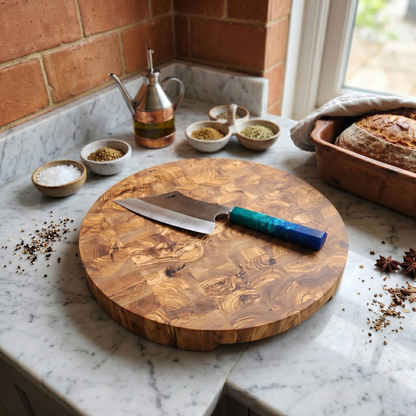 Handcrafted Round Olive Wood Cutting Board | End Grain Chopping, Cheese Board