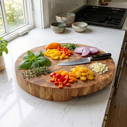 Handcrafted Round Olive Wood Cutting Board | End Grain Chopping, Cheese Board