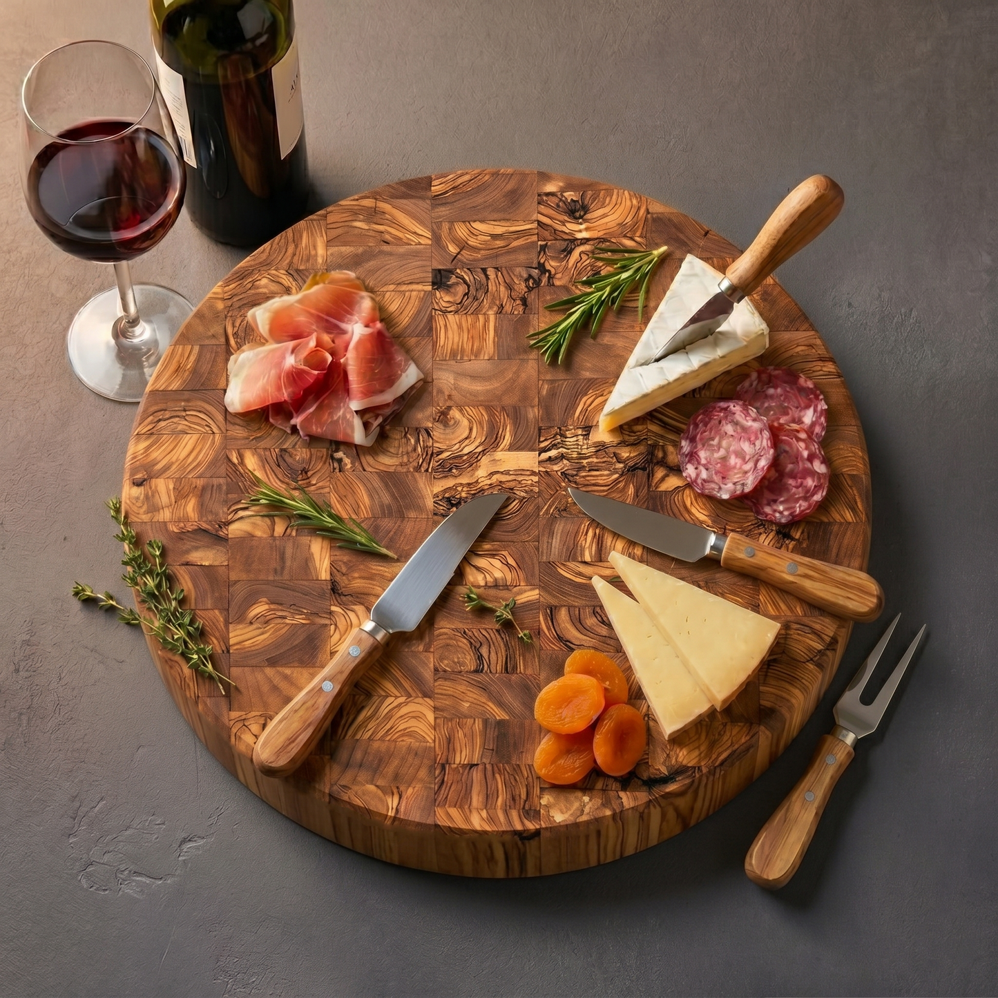 Handcrafted Round Olive Wood Cutting Board | End Grain Chopping, Cheese Board