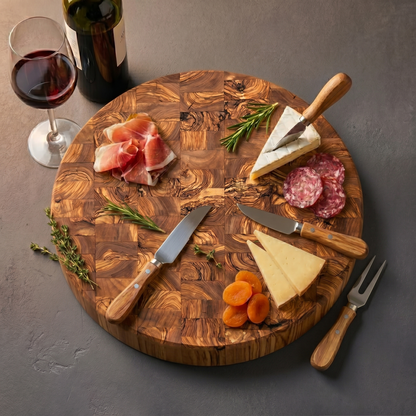 Handcrafted Round Olive Wood Cutting Board | End Grain Chopping, Cheese Board
