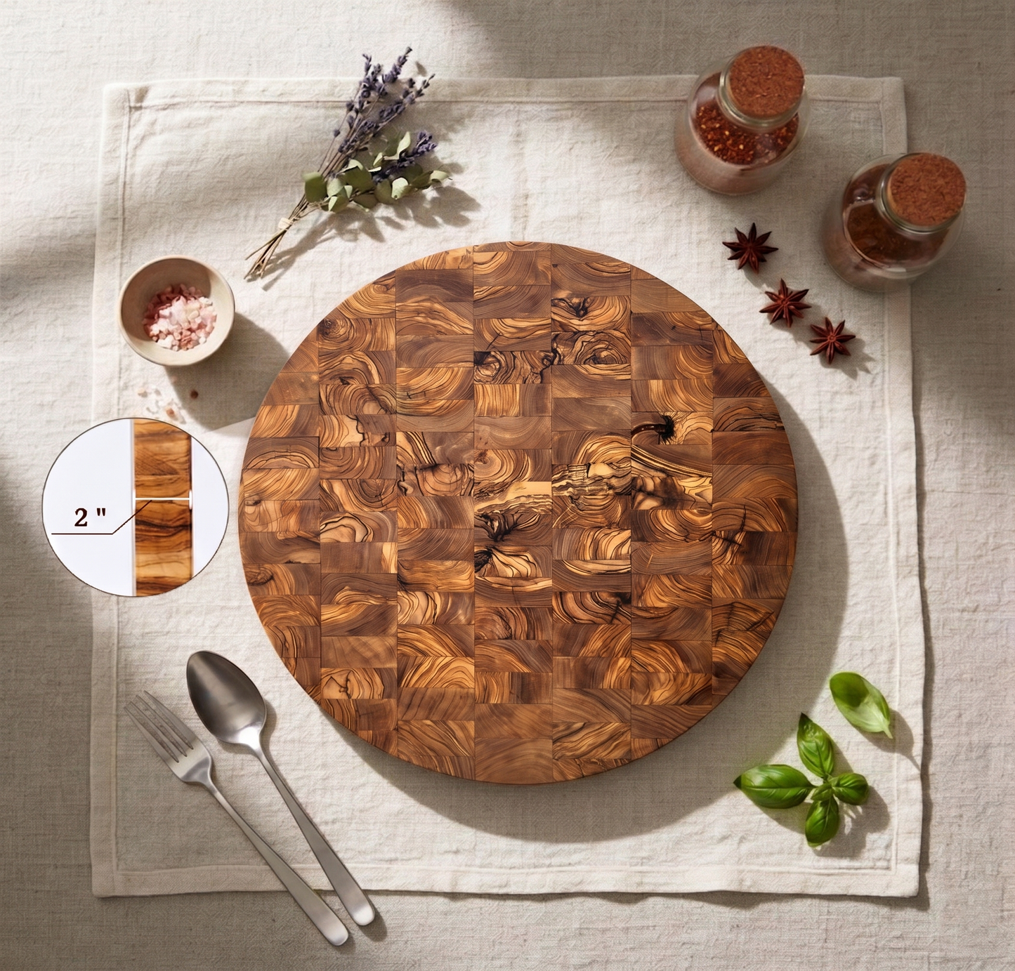 Handcrafted Round Olive Wood Cutting Board | End Grain Chopping, Cheese Board