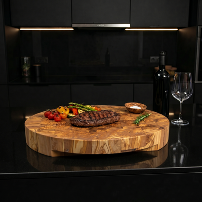 Handcrafted Round Olive Wood Cutting Board | End Grain Chopping, Cheese Board