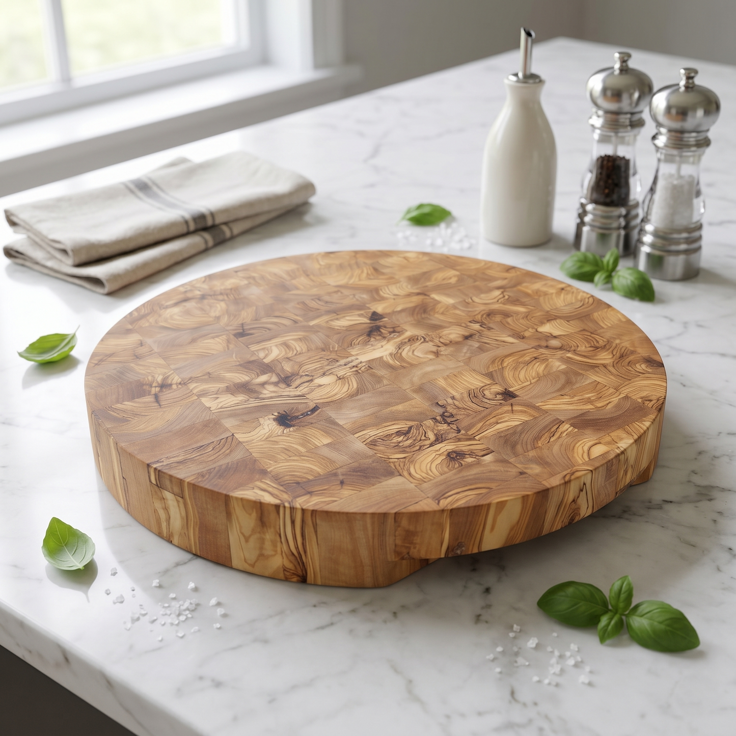 Handcrafted Round Olive Wood Cutting Board | End Grain Chopping, Cheese Board