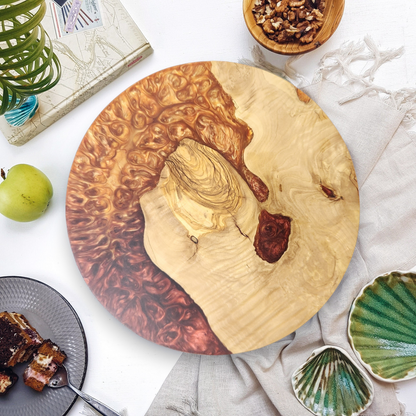 Amber Current – Round Olive Wood & Copper Epoxy Serving Board