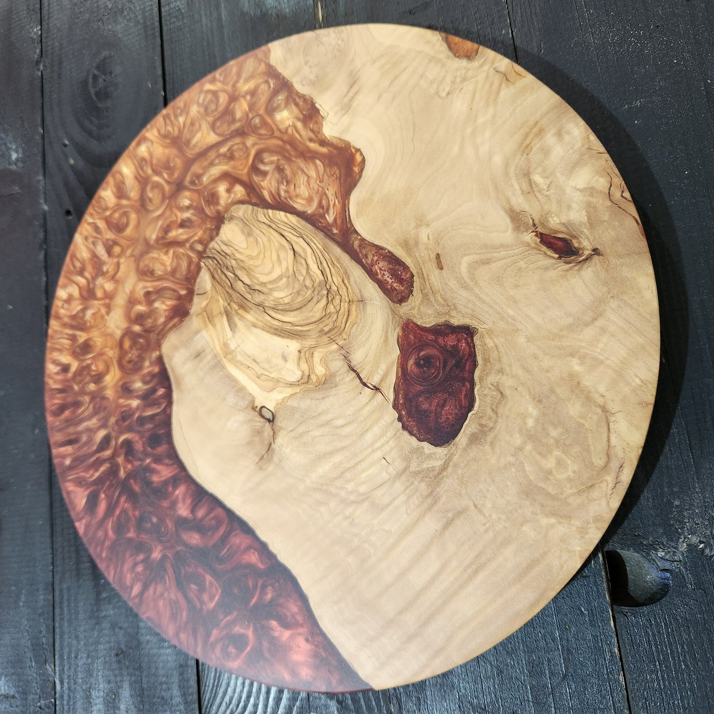 Amber Current – Round Olive Wood & Copper Epoxy Serving Board