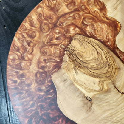 Amber Current – Round Olive Wood & Copper Epoxy Serving Board