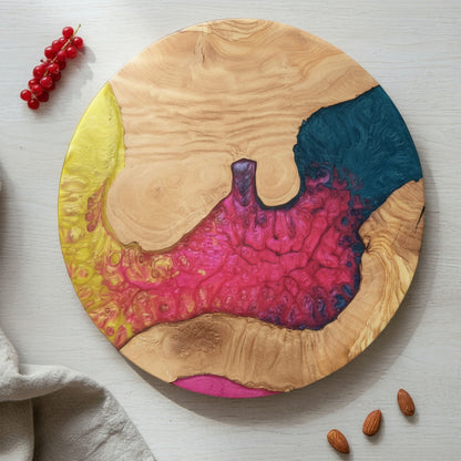 Sunset Coral – Handmade Olive Wood & Epoxy Resin Round Serving Board