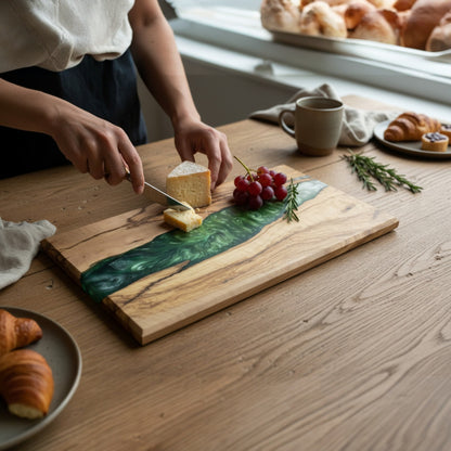 Emerald River – Handcrafted Olive Wood and Epoxy Resin Charcuterie Board