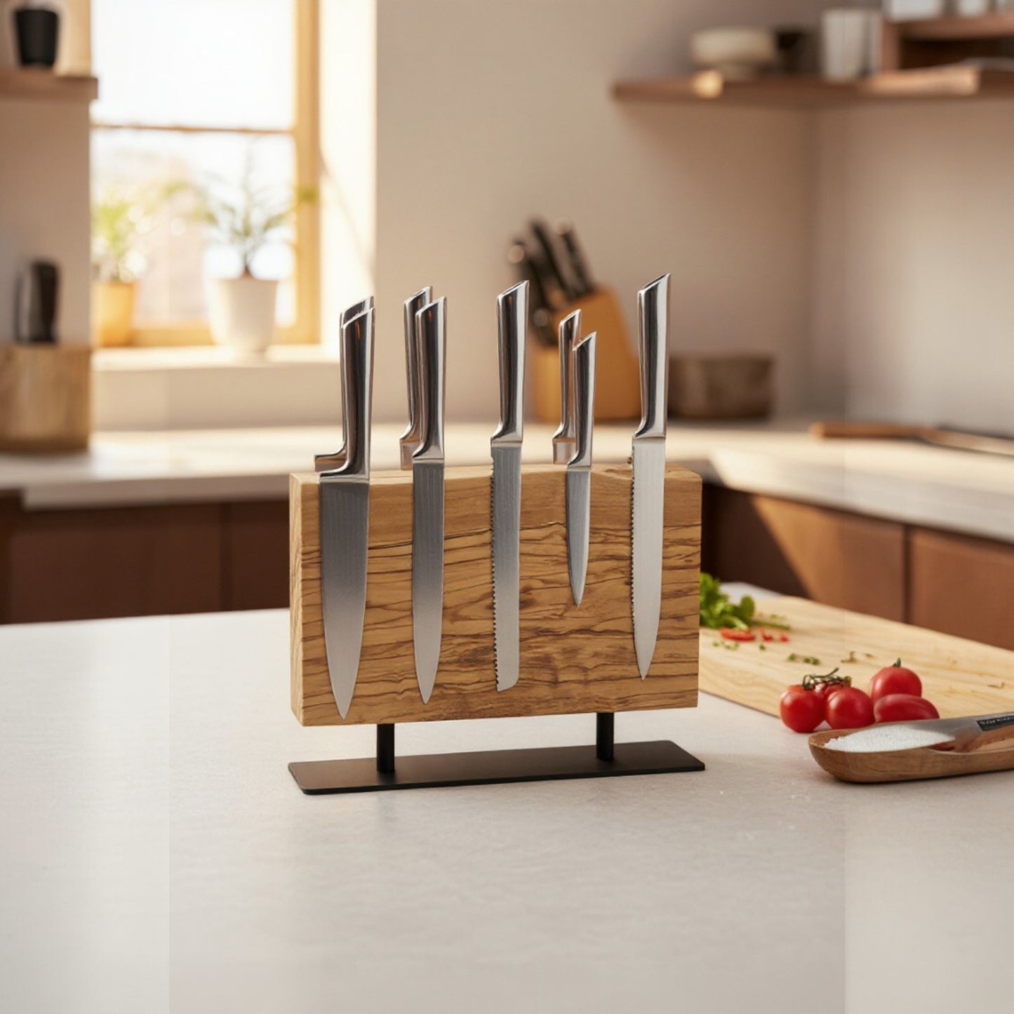 Olive Wood Magnetic Knife Holder with Metal Stand